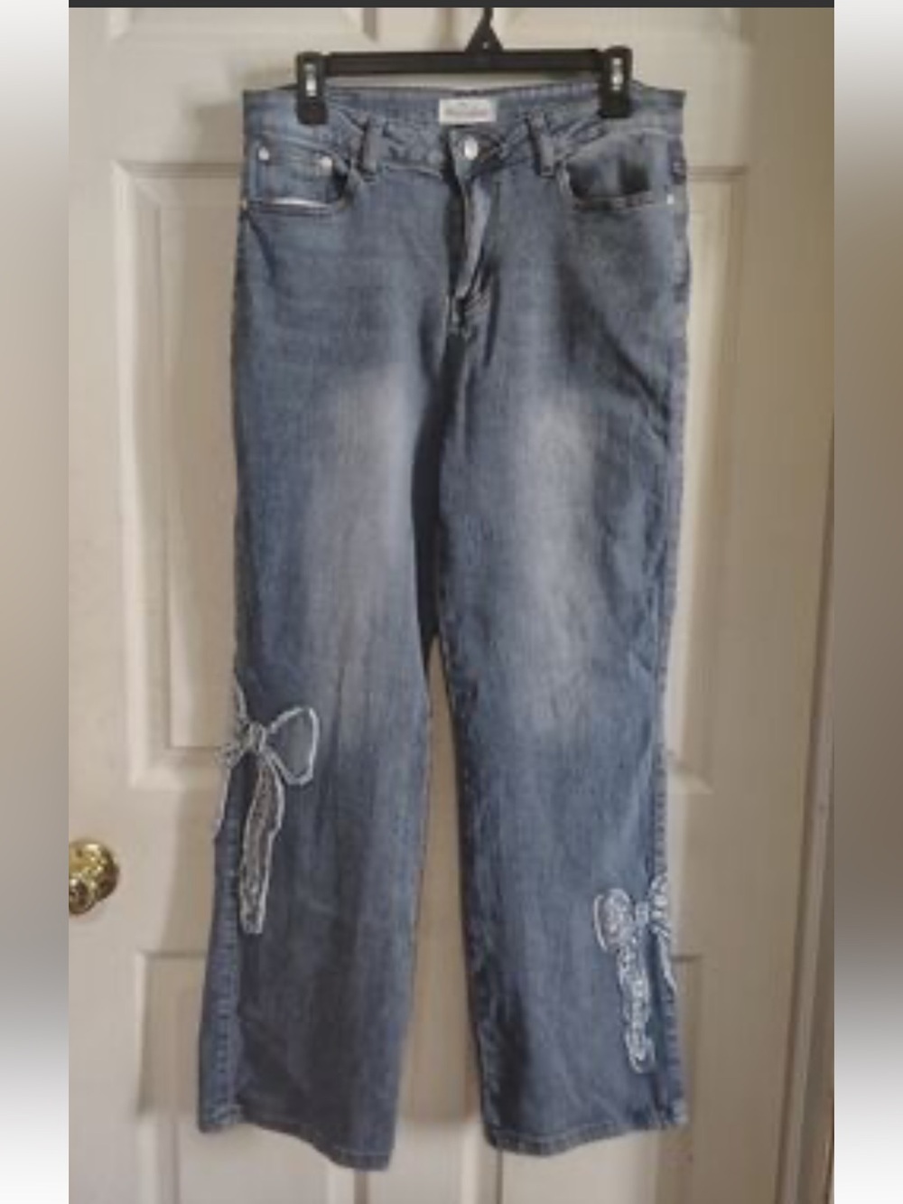 Blue Wide-Leg Jeans with Bow Appliqués